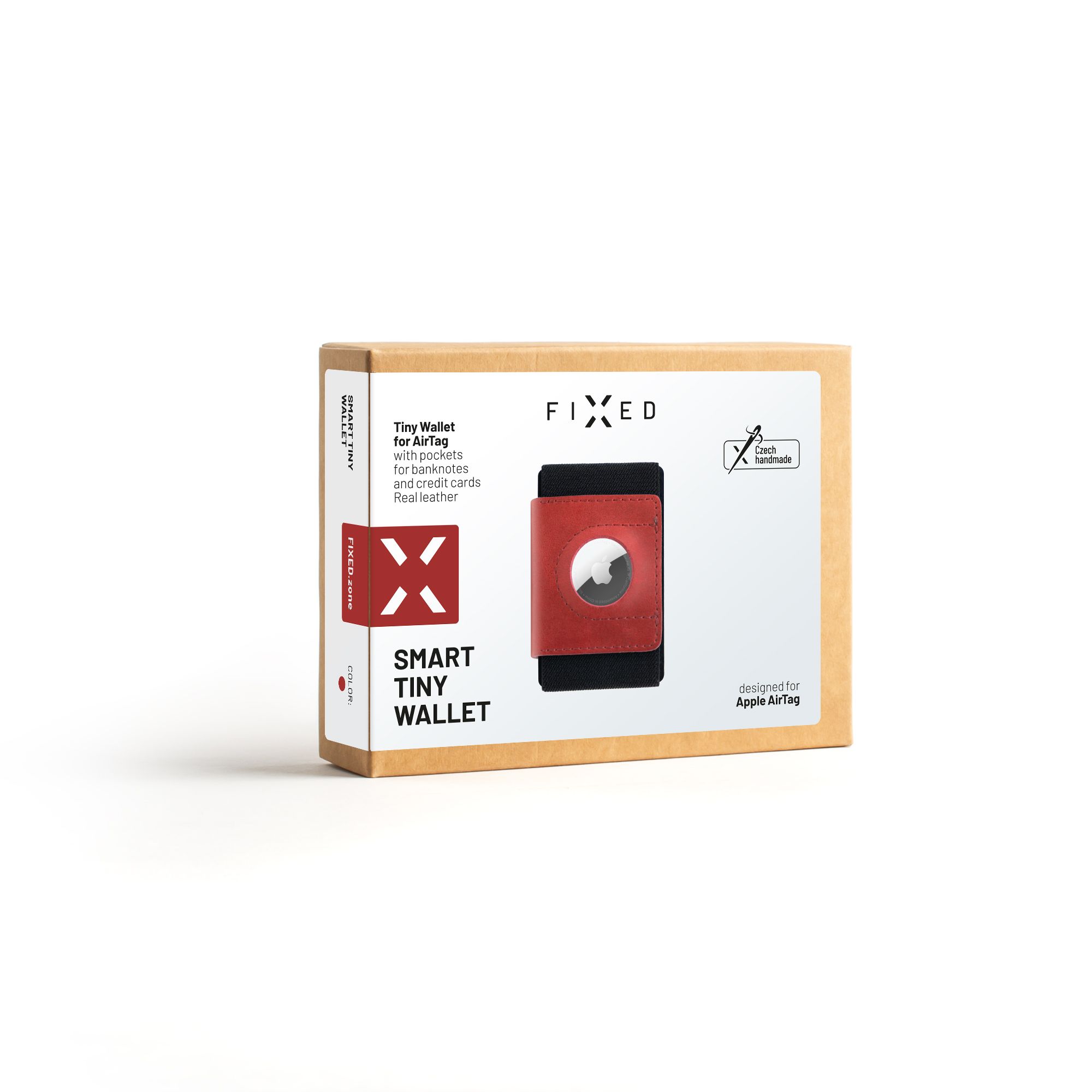 Kožená peněženka FIXED Tiny Wallet for AirTag z pravé hovězí kůže, červená