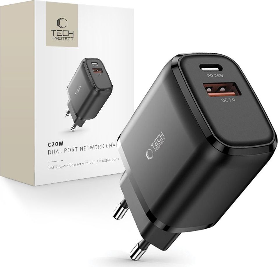 TECH-PROTECT C20W 2-PORT NETWORK CHARGER PD 20W / QC3.0 BLACK