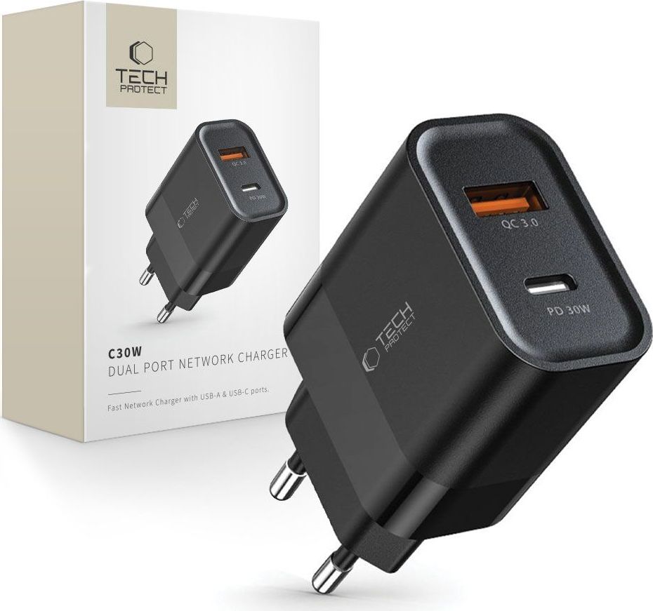 TECH-PROTECT C30W 2-PORT NETWORK CHARGER PD 30W / QC3.0 BLACK
