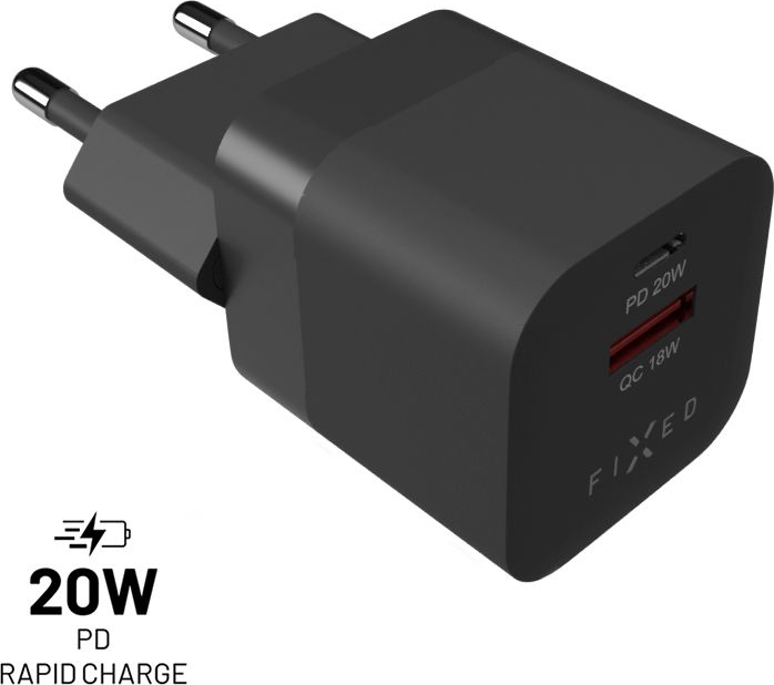 Síťová nabíječka FIXED Mini s USB-C a USB výstupem, podpora PD a QC 3.0, 20W, černá