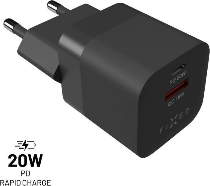 Síťová nabíječka FIXED Mini s USB-C a USB výstupem, podpora PD a QC 3.0, 20W, černý