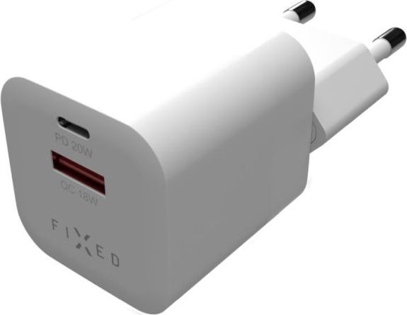 Síťová nabíječka FIXED Mini s USB-C a USB výstupem, podpora PD a QC 3.0, 20W, bílá