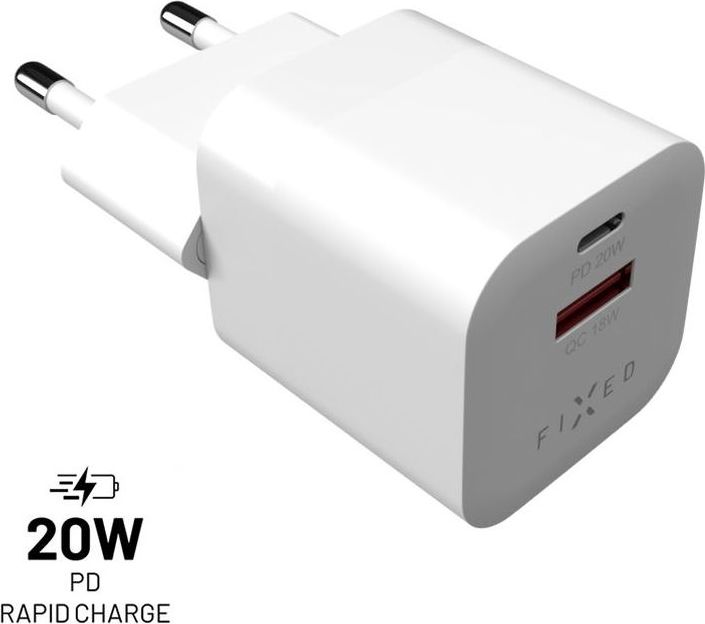 Síťová nabíječka FIXED Mini s USB-C a USB výstupem, podpora PD a QC 3.0, 20W, bílá