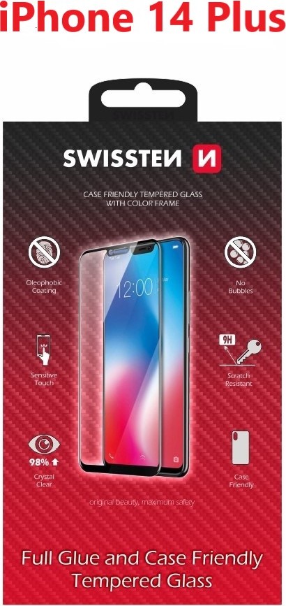 SKLO SWISSTEN FULL GLUE, COLOR FRAME, CASE FRIENDLY PRO APPLE IPHONE 14 PLUS ČERNÉ