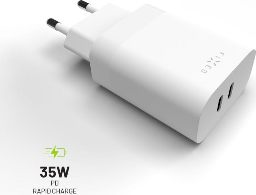 Síťová nabíječka FIXED s 2x USB-C výstupem, podpora PD, 35W, bílá