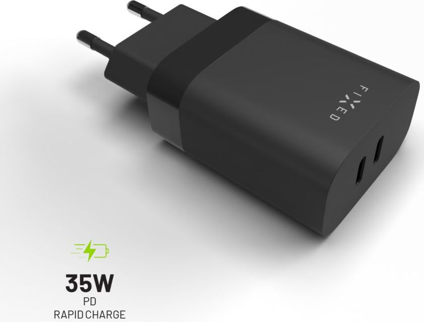 Síťová nabíječka FIXED s 2x USB-C výstupem, podpora PD, 35W, černá