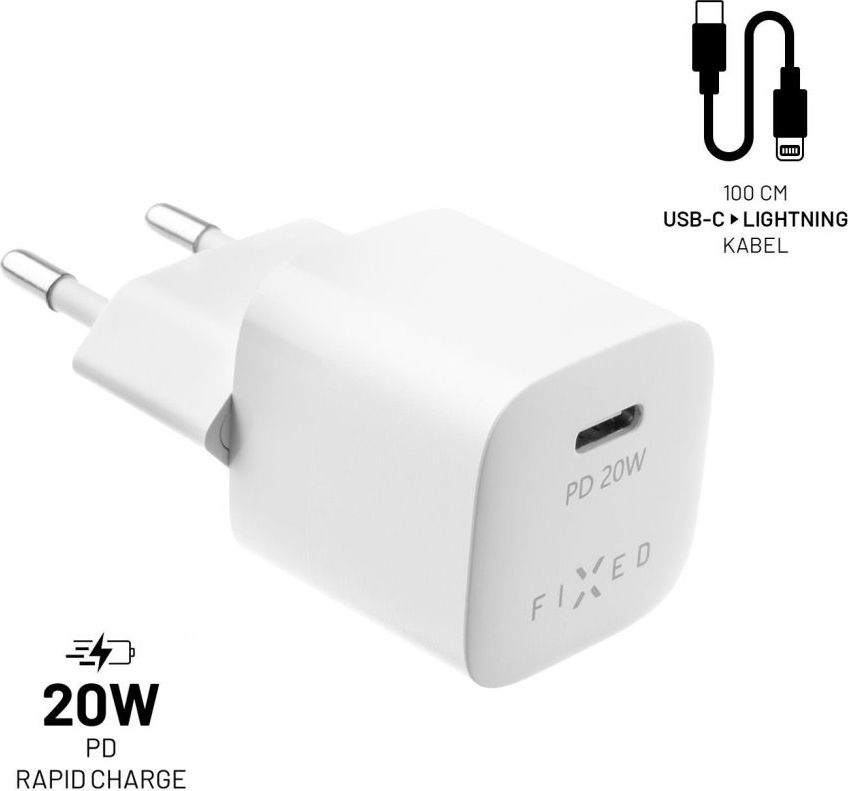 Set síťové nabíječky FIXED Mini s USB-C výstupem a USB-C/Lightning kabelu, podpora PD, 1 metr, MFI, 20W, bílý