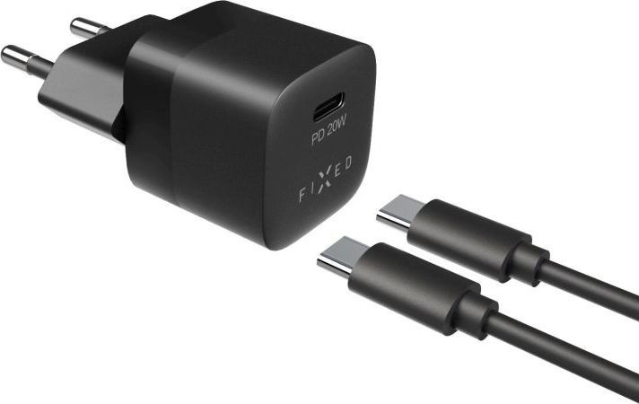Set síťové nabíječky FIXED Mini s USB-C výstupem a USB-C/USB-C kabelu, podpora PD, 1 metr, 20W, černý