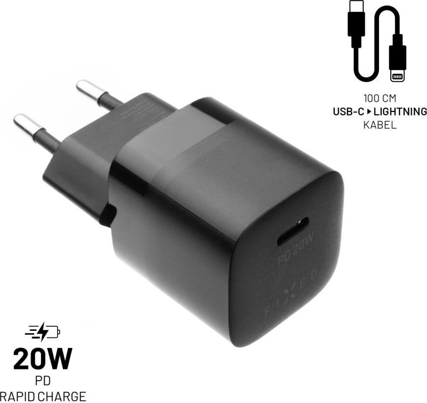 Set síťové nabíječky FIXED Mini s USB-C výstupem a USB-C/Lightning kabelu, podpora PD, 1 metr, MFI, 20W, černý