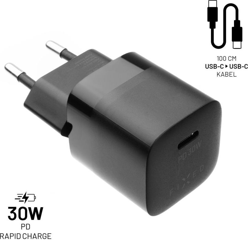 Set síťové nabíječky FIXED Mini s USB-C výstupem a USB-C/USB-C kabelu, podpora PD, 1 metr, 30W, černý