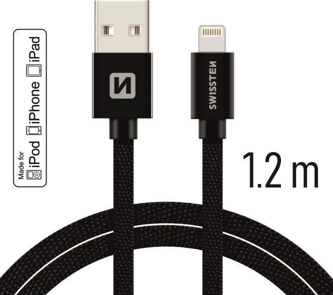 DATOVÝ KABEL SWISSTEN TEXTILE USB / LIGHTNING MFi 1,2 M ČERNÝ