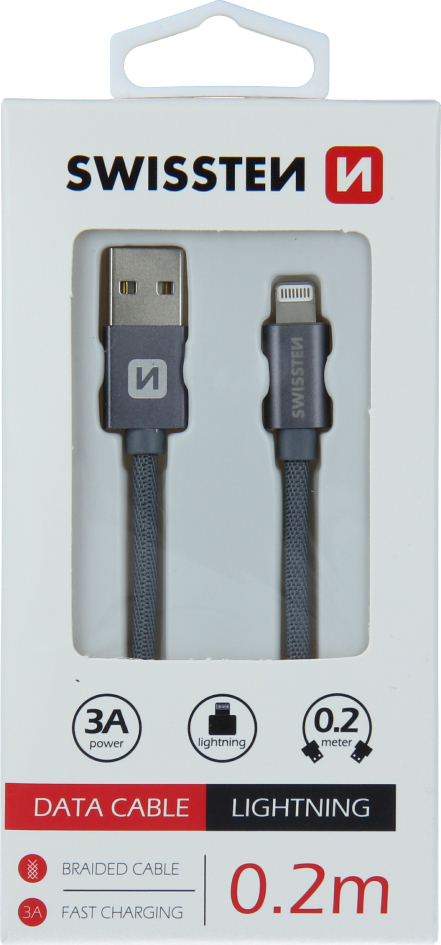 DATOVÝ KABEL SWISSTEN TEXTILE USB / LIGHTNING 0,2 M ŠEDÝ
