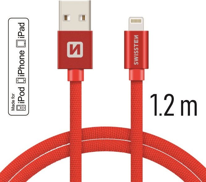 DATOVÝ KABEL SWISSTEN TEXTILE USB / LIGHTNING MFi 1,2 M ČERVENÝ