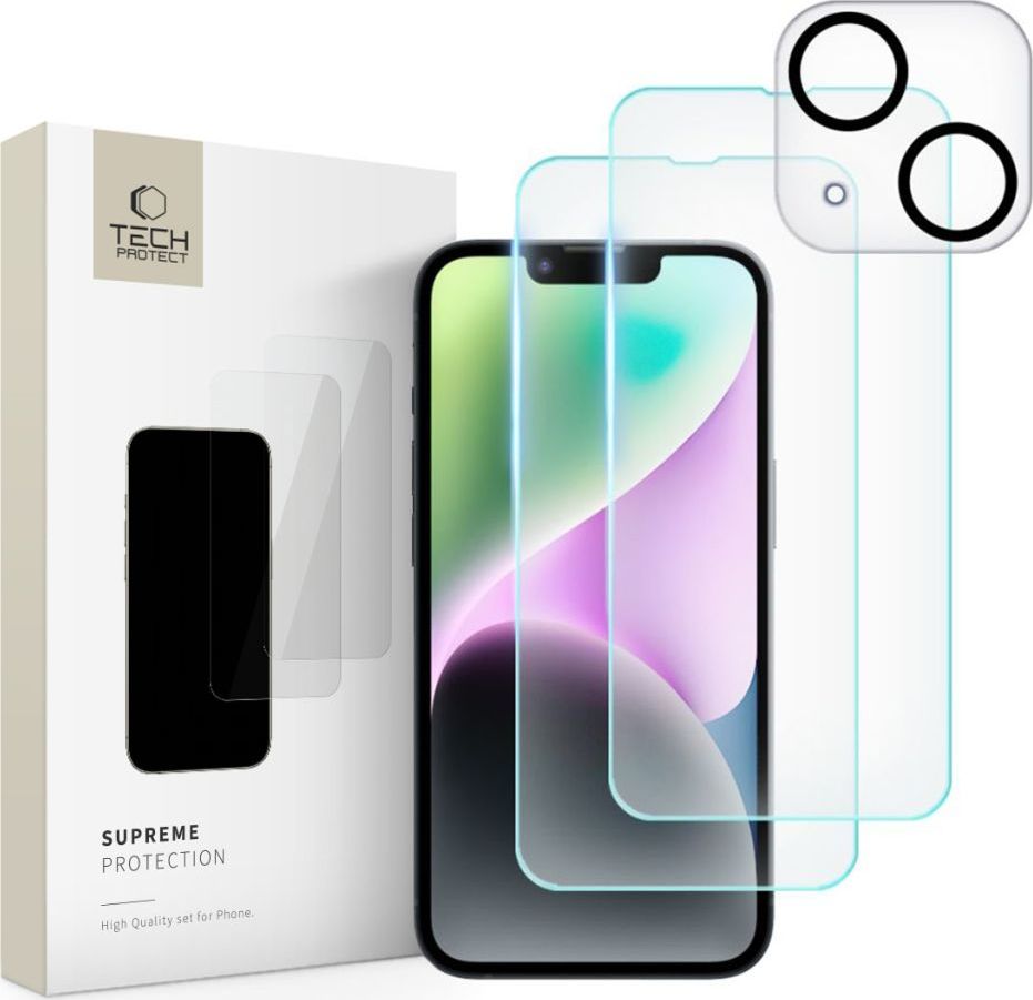 Tvrzené sklo na displej a čočku fotoaparátu TECH-PROTECT SUPREME SET IPHONE 14 CLEAR