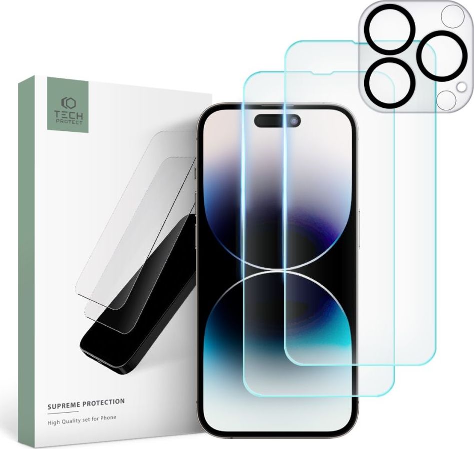 Tvrzené sklo na displej a čočku fotoaparátu TECH-PROTECT SUPREME SET IPHONE 14 PRO CLEAR