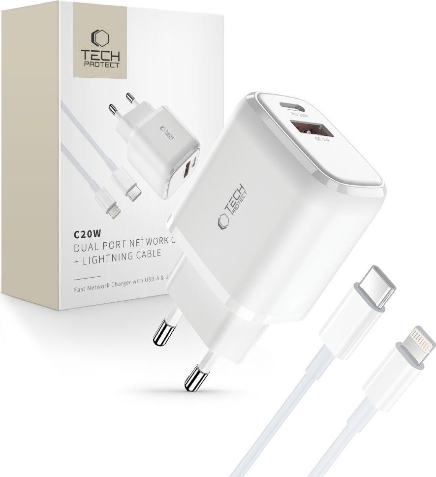 Nabíjecí sada TECH-PROTECT C20W 2-PORT NETWORK CHARGER PD20W/QC3.0 + LIGHTNING CABLE WHITE