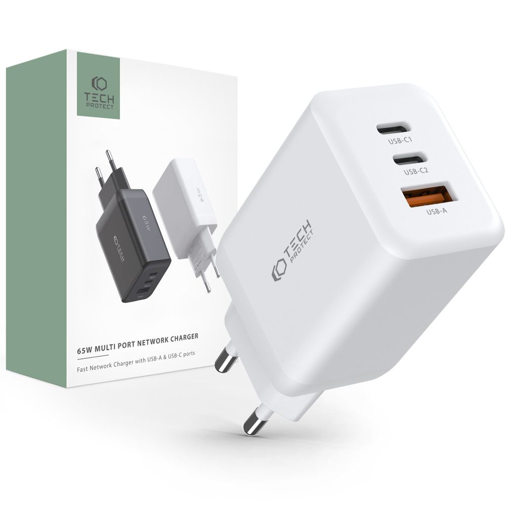 TECH-PROTECT C65W 3-PORT NETWORK CHARGER PD65W/QC3.0 PRO MACBOOK, IPAD, IPHONE a další zařízení, WHITE