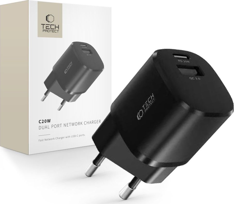 TECH-PROTECT C20W MINI 2-PORT NETWORK CHARGER PD 20W / QC3.0 BLACK