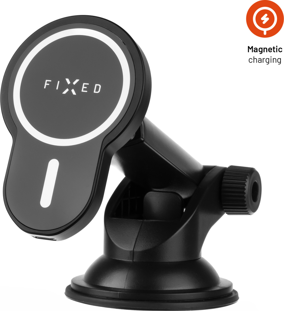 Držák s bezdrátovým nabíjením FIXED MagClick XL s podporou uchycení MagSafe, na sklo nebo palubní desku, 15W, černý