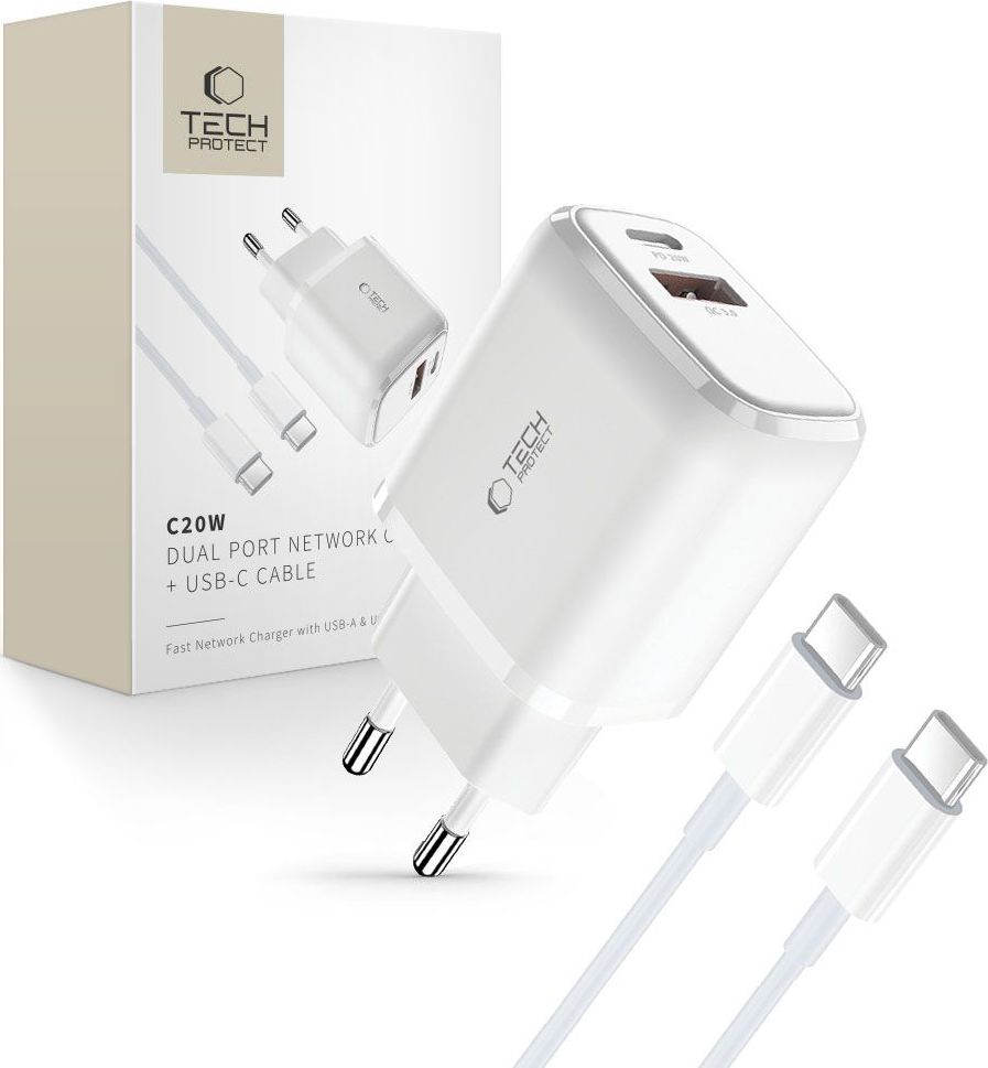 TECH-PROTECT C20W 2-PORT NETWORK CHARGER PD 20W / QC3.0 + TYPE-C CABLE WHITE