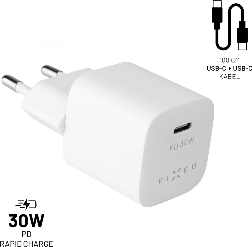Set síťové nabíječky FIXED Mini s USB-C výstupem a USB-C/USB-C kabelu, podpora PD, 1 metr, 30W, bílý