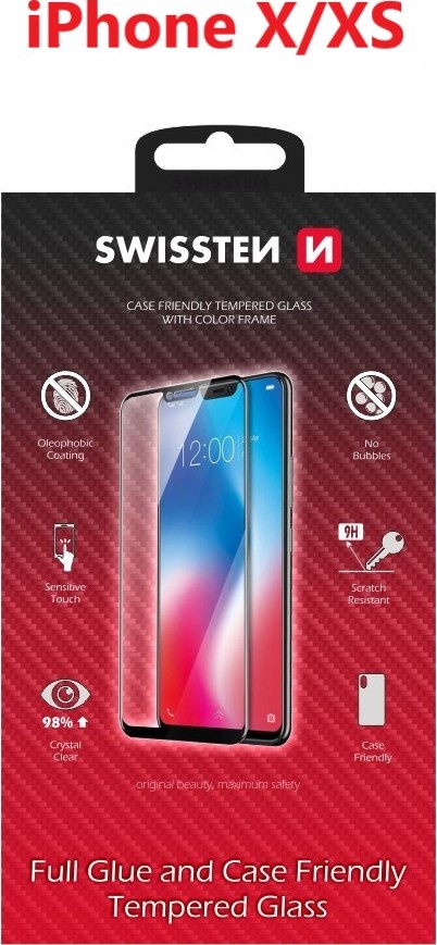 SKLO SWISSTEN FULL GLUE, COLOR FRAME, CASE FRIENDLY PRO APPLE IPHONE X/XS ČERNÉ