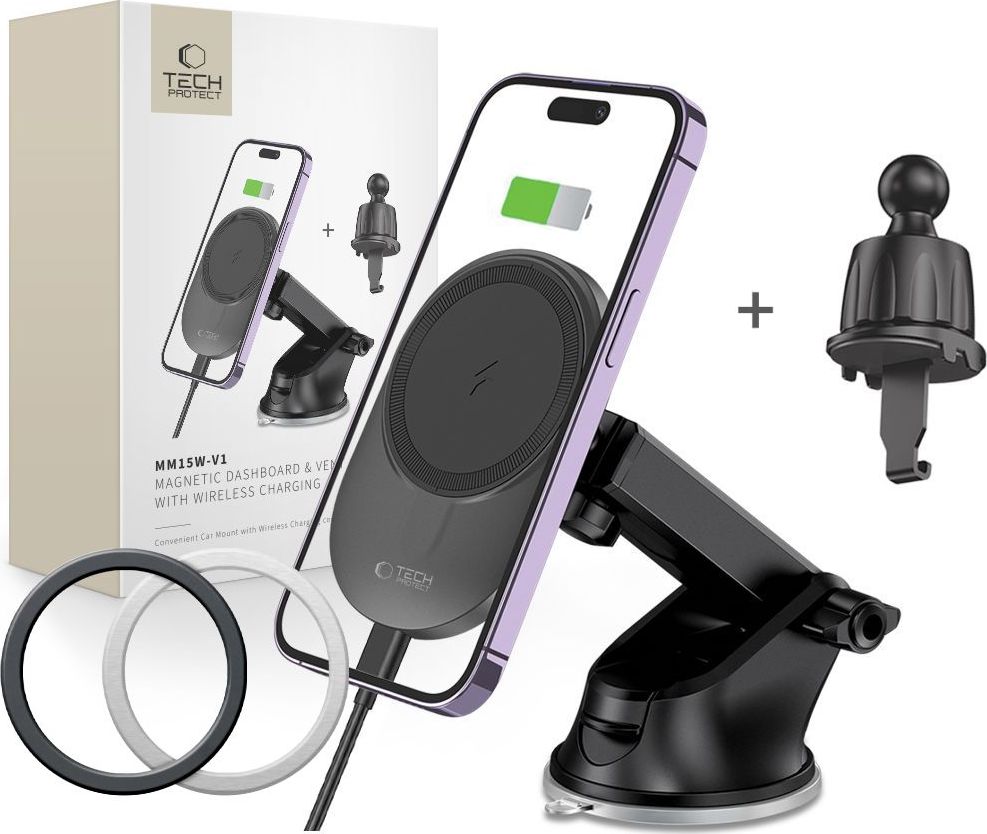 TECH-PROTECT MM15W-V1 MAGNETIC MAGSAFE DASHBOARD & VENT CAR MOUNT WIRELESS CHARGER 15W BLACK