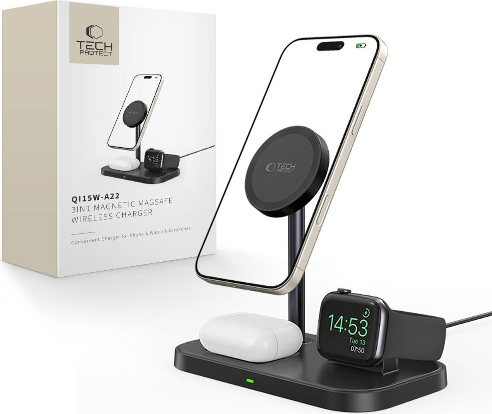 TECH-PROTECT QI15W-A22 3IN1 MAGNETIC MAGSAFE WIRELESS CHARGER BLACK