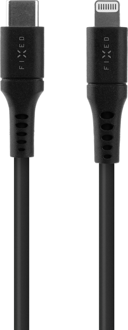 Nabíjecí a datový Liquid silicone kabel FIXED s konektory USB-C/Lightning a podporou PD, 1.2m, MFi, černý