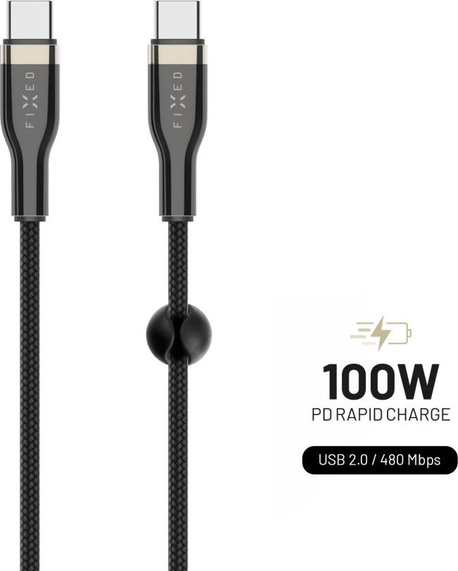 Krátký nabíjecí a datový opletený kabel FIXED s konektory USB-C/USB-C a podporou PD, 0.5m, USB 2.0, 100W, černý