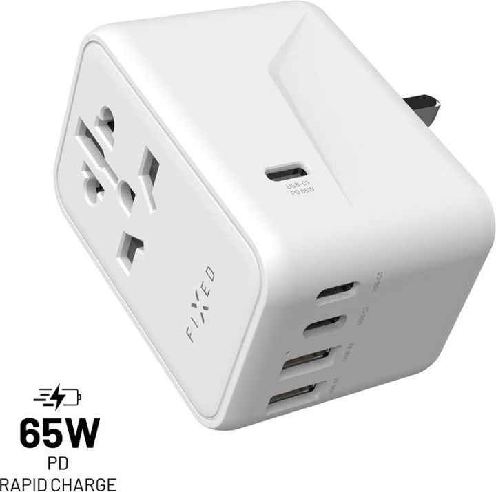 Cestovní adaptér FIXED Voyager 65 W pro EU, UK a USA/AUS, s 3xUSB-C a 2xUSB výstupem, GaN, PD 65W, bílý