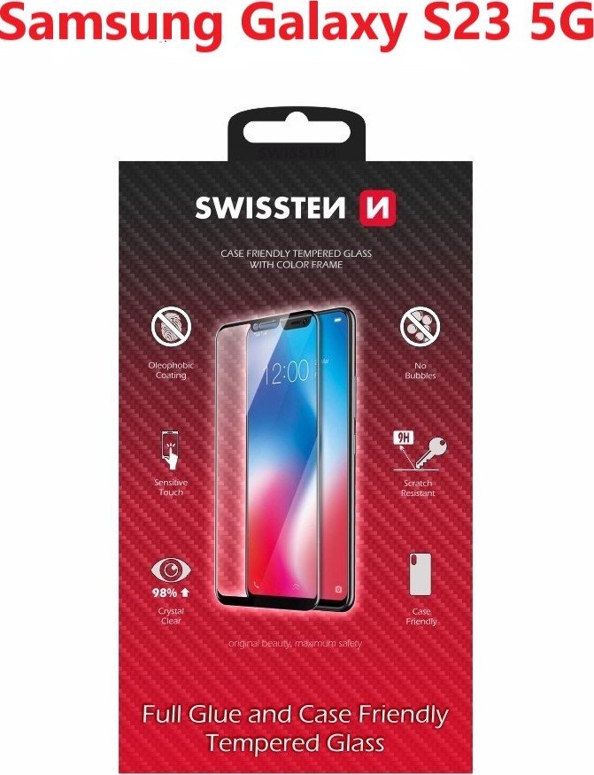 SKLO SWISSTEN FULL GLUE, COLOR FRAME, CASE FRIENDLY PRO SAMSUNG S911 GALAXY S23 5G ČERNÉ