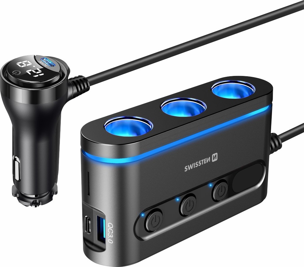 SWISSTEN AUTOADAPTÉR S VÝSTUPEM 3x CL, 2x UCB-C PD a 1x USB-A QA 3.0, 108W - 216W
