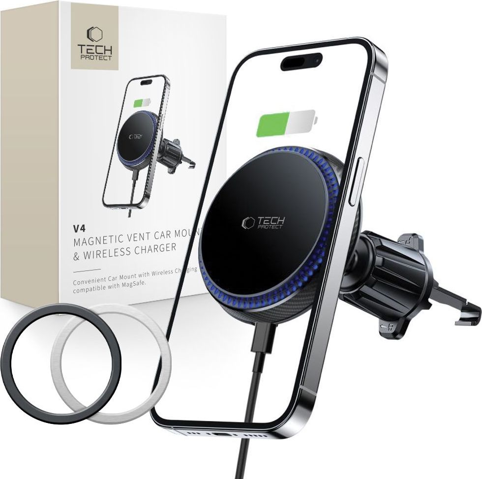TECH-PROTECT MM15W-V4 MAGNETICKÝ MAGSAFE DRŽÁK TELEFONU DO AUTA DO MŘÍŽKY VĚTRÁNÍ S BEZDRÁTOVÝM NABÍJENÍM 15W BLACK
