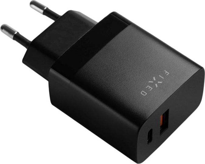 Síťová nabíječka FIXED s USB-C a USB výstupem, podpora PD a QC 3.0, 20W, černá