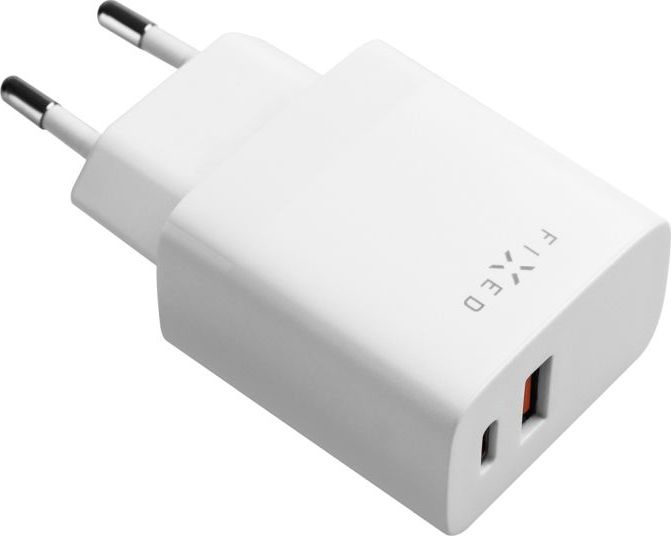 Síťová nabíječka FIXED s USB-C a USB výstupem, podpora PD a QC 3.0, 20W, bílá
