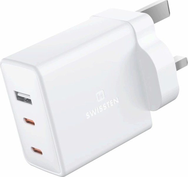 SWISSTEN SÍŤOVÝ ADAPTÉR GaN 2x USB-C + 1x USB 70W pro UK zásuvku