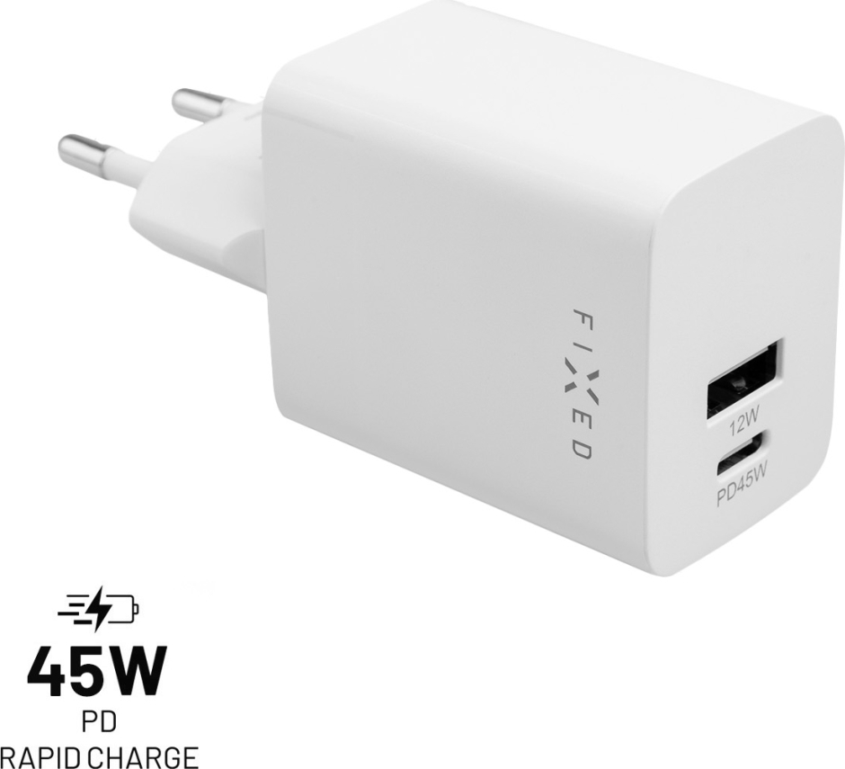 Síťová nabíječka FIXED Mini s USB-C a USB výstupem, podpora PD, 45W, bílá