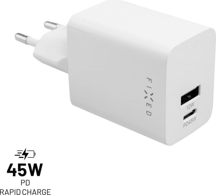 Síťová nabíječka FIXED Mini s USB-C a USB výstupem, podpora PD, 45W, bílá