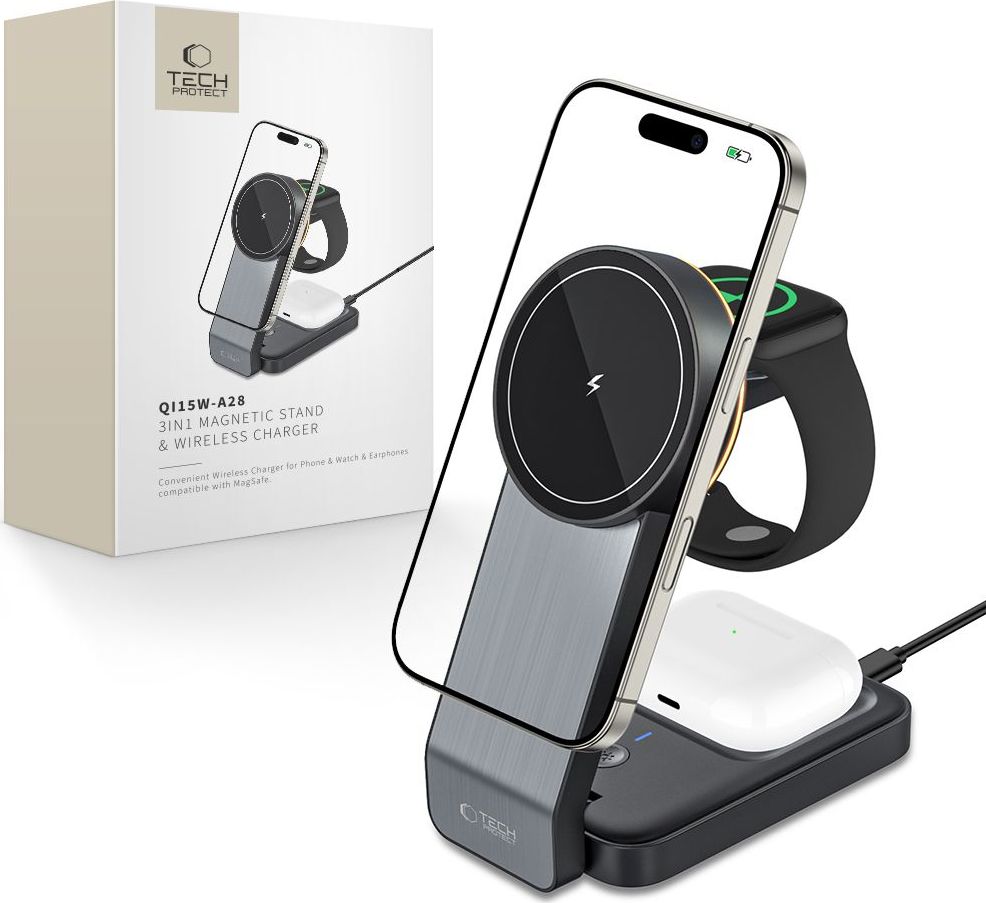 TECH-PROTECT QI15W-A28 3IN1 MAGNETIC MAGSAFE WIRELESS CHARGER BLACK