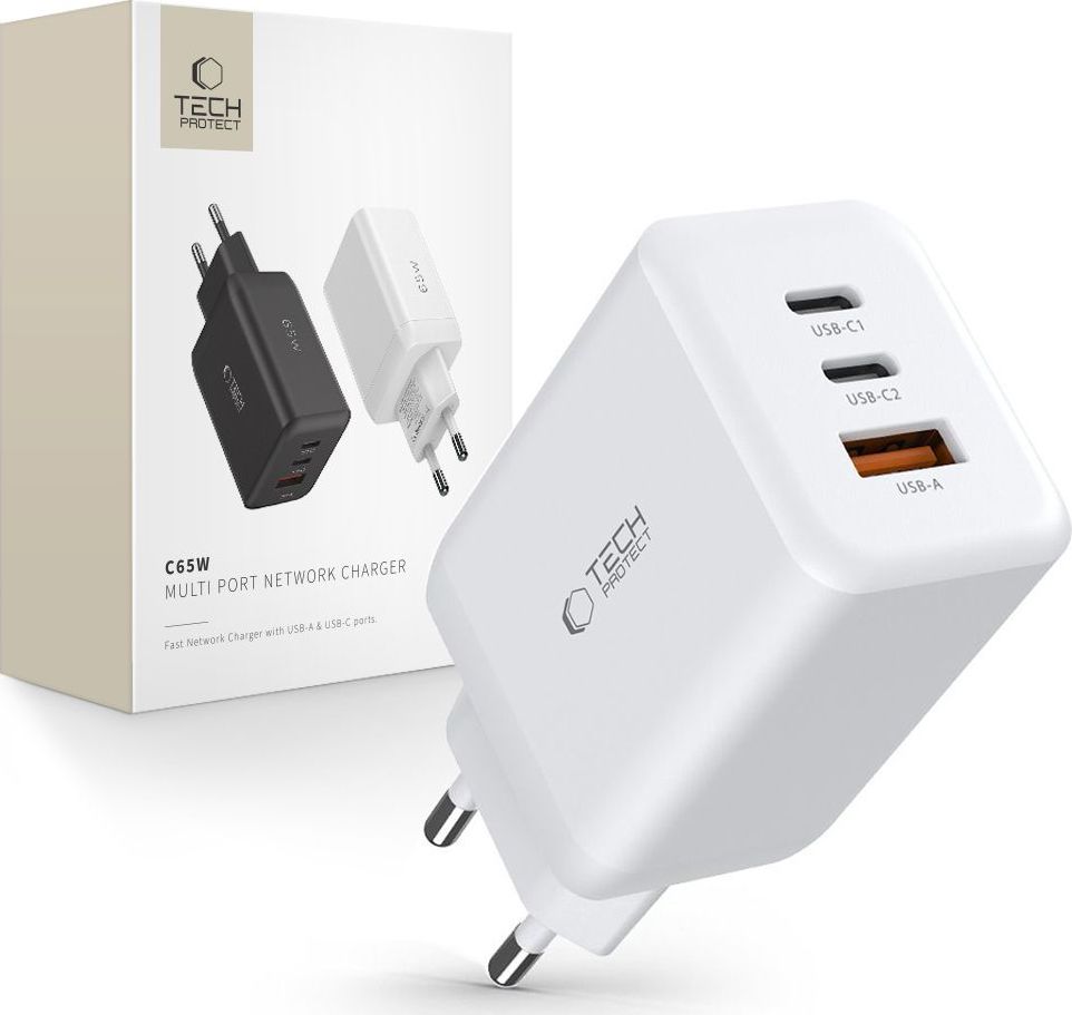 TECH-PROTECT C65W 3-PORT NETWORK CHARGER PD 65W / QC3.0 WHITE