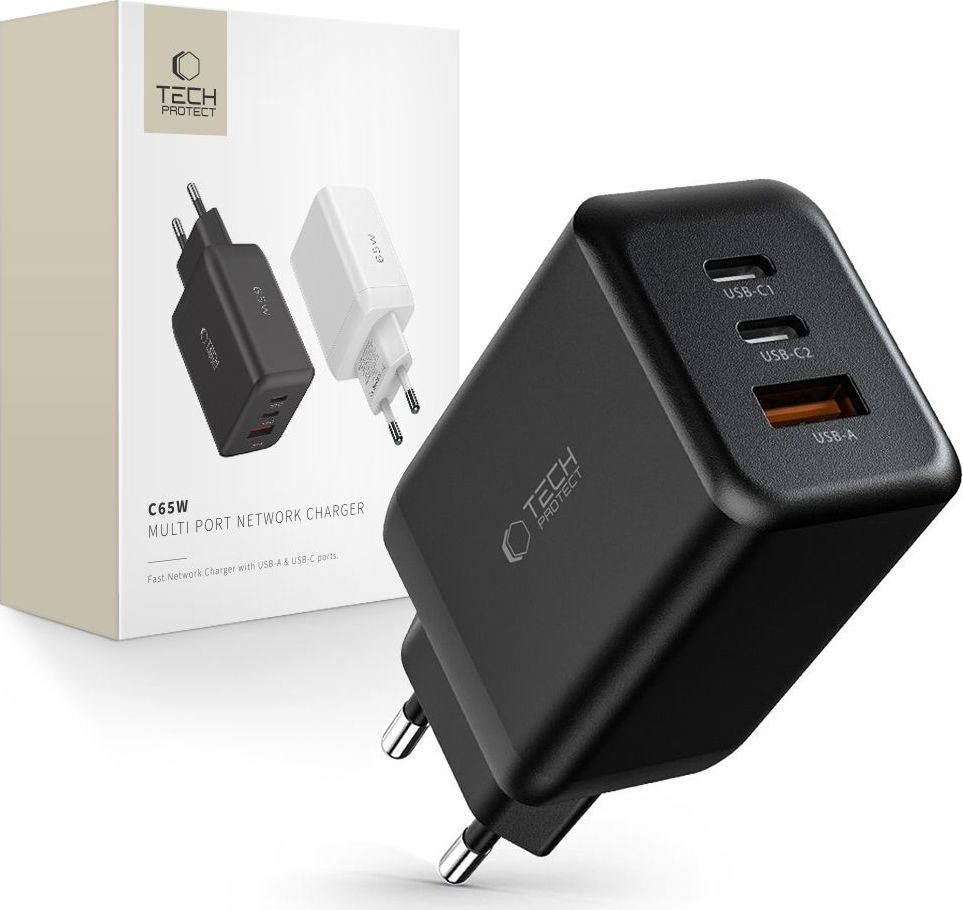 TECH-PROTECT C65W 3-PORT NETWORK CHARGER PD 65W / QC3.0 BLACK