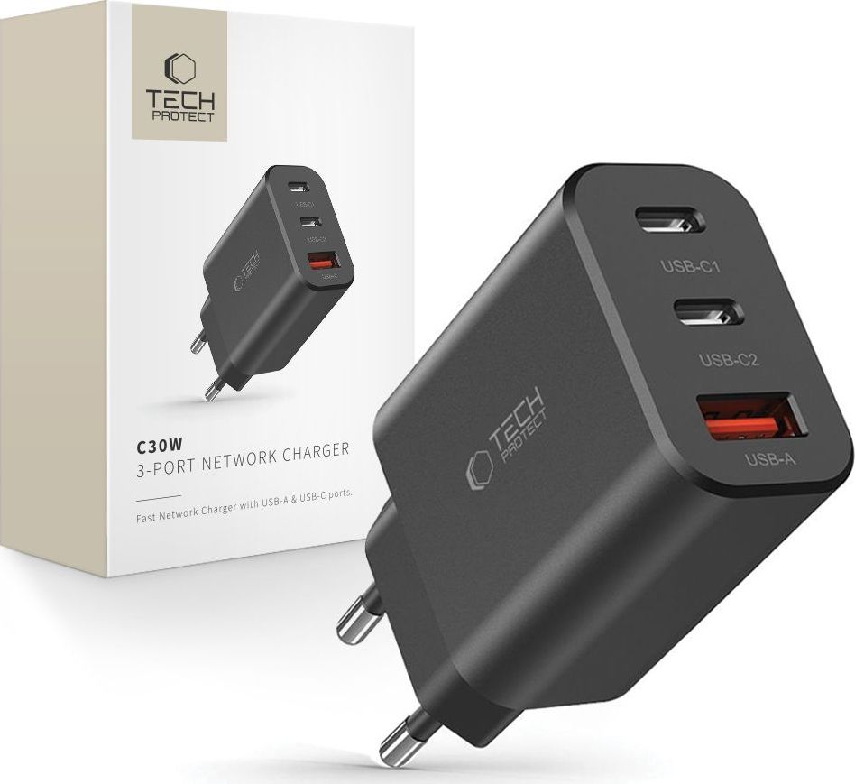 TECH-PROTECT C30W 3-PORT SÍŤOVÁ NABÍJEČKA PD30W/QC3.0 BLACK