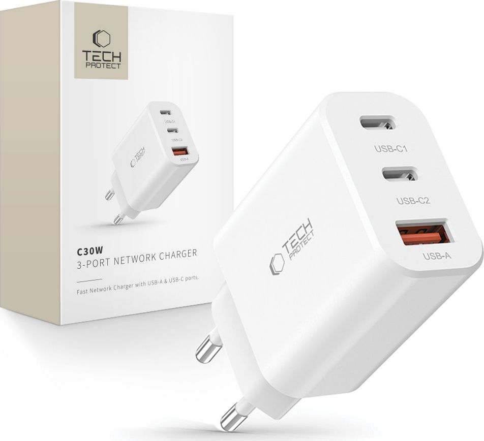TECH-PROTECT C30W 3-PORT SÍŤOVÁ NABÍJEČKA PD30W/QC3.0 BÍLÁ