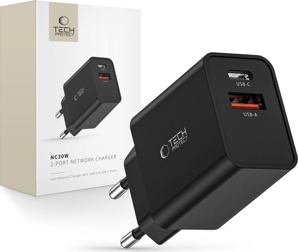 TECH-PROTECT SÍŤOVÝ NABÍJECÍ ADAPTÉR NC30W 2-PORT NETWORK CHARGER PD30W/QC3.0 BLACK