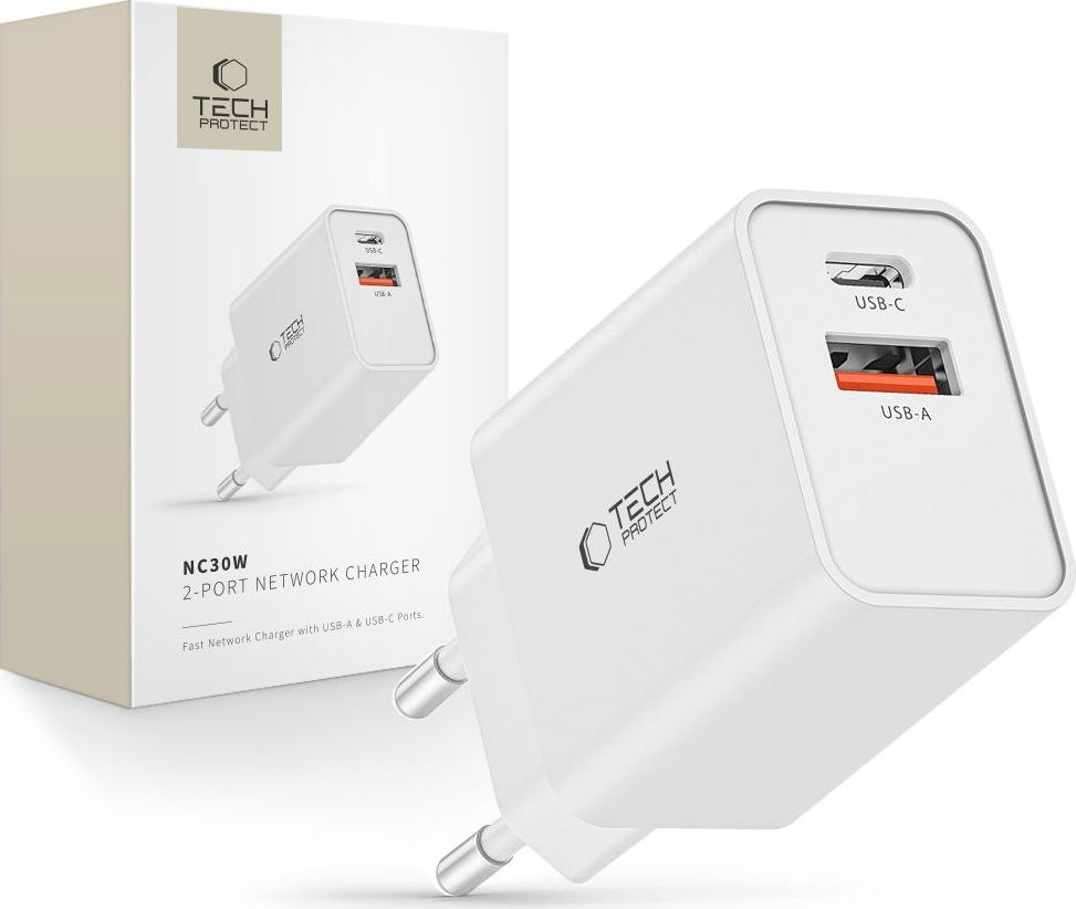 TECH-PROTECT SÍŤOVÝ NABÍJECÍ ADAPTÉR NC30W 2-PORT NETWORK CHARGER PD30W/QC3.0 WHITE