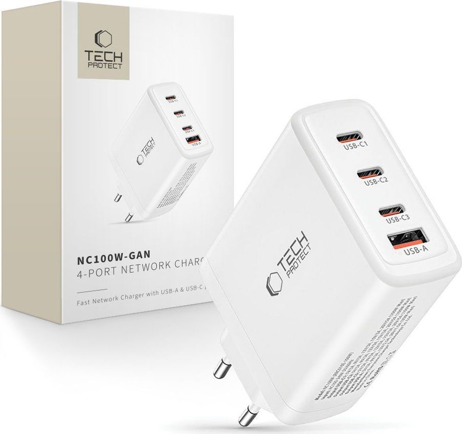 TECH-PROTECT NC100W-GAN 4-PORT SÍŤOVÁ NABÍJEČKA ADAPTÉR PD100W/QC3.0 WHITE