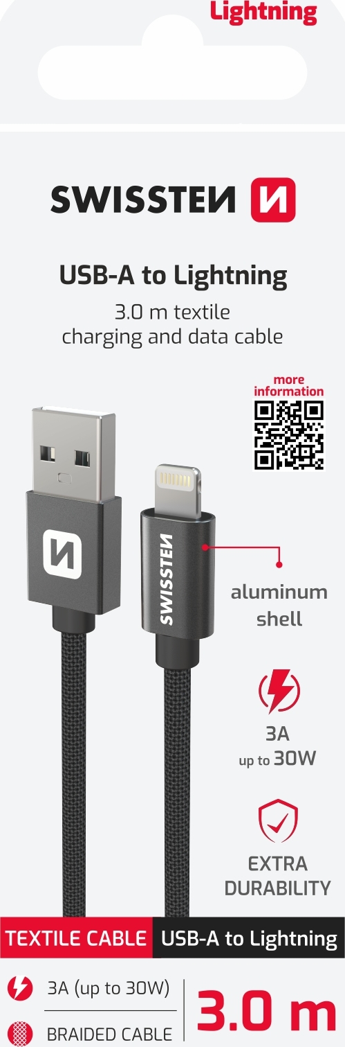 DATOVÝ KABEL SWISSTEN TEXTILE USB / LIGHTNING 3,0 M ČERNÝ