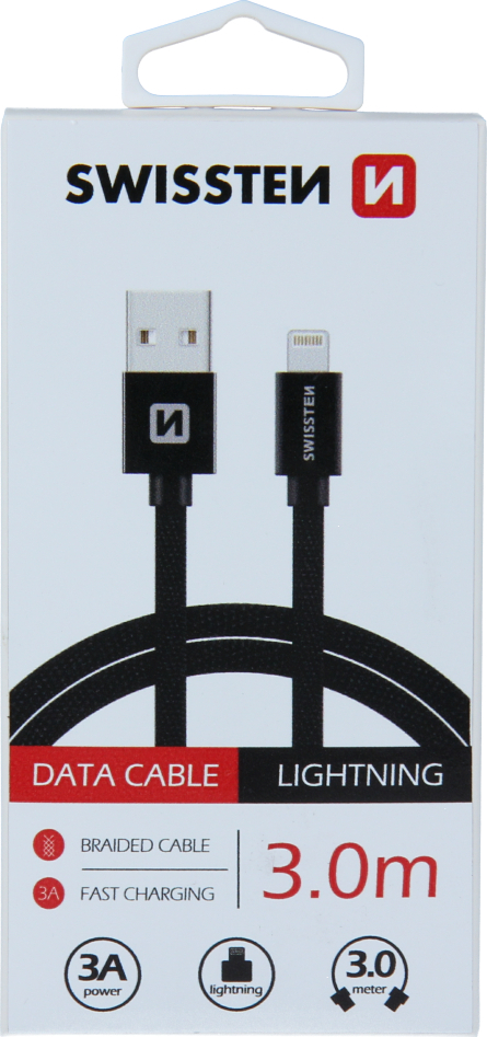 DATOVÝ KABEL SWISSTEN TEXTILE USB / LIGHTNING 3,0 M ČERNÝ