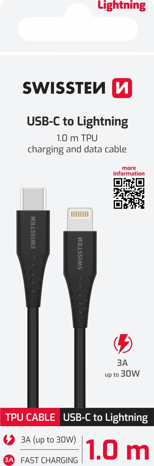 NABÍJECÍ KABEL SWISSTEN USB-C / LIGHTNING 1,0 M ČERNÝ